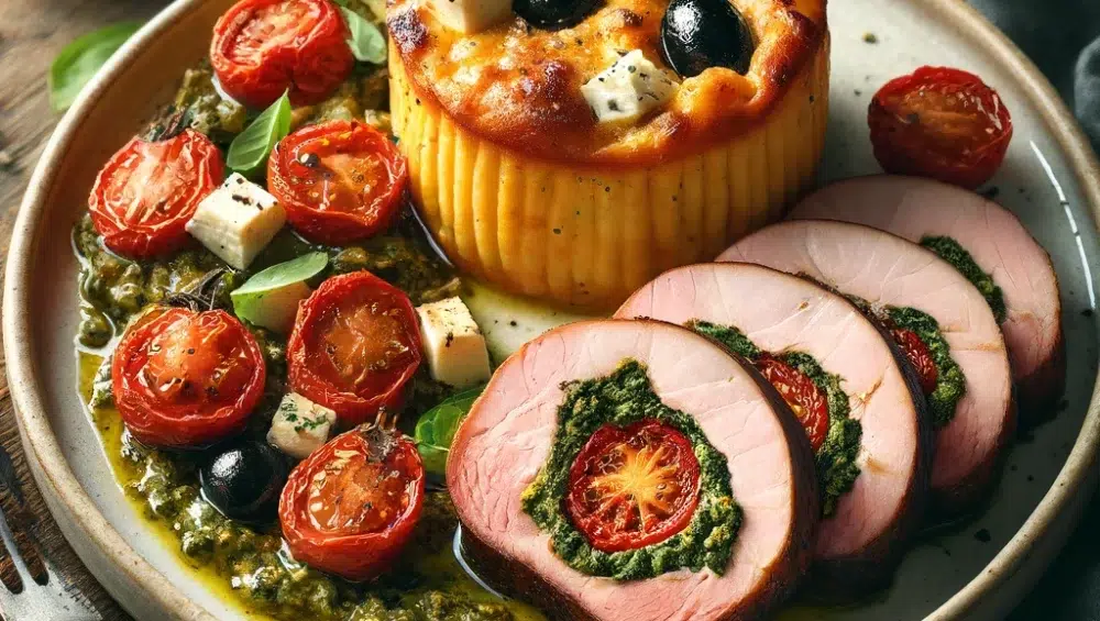 Schab faszerowany pesto z suszonych pomidorów z clafoutis z pomidorkami, oliwkami i fetą – połączenie elegancji i tradycji