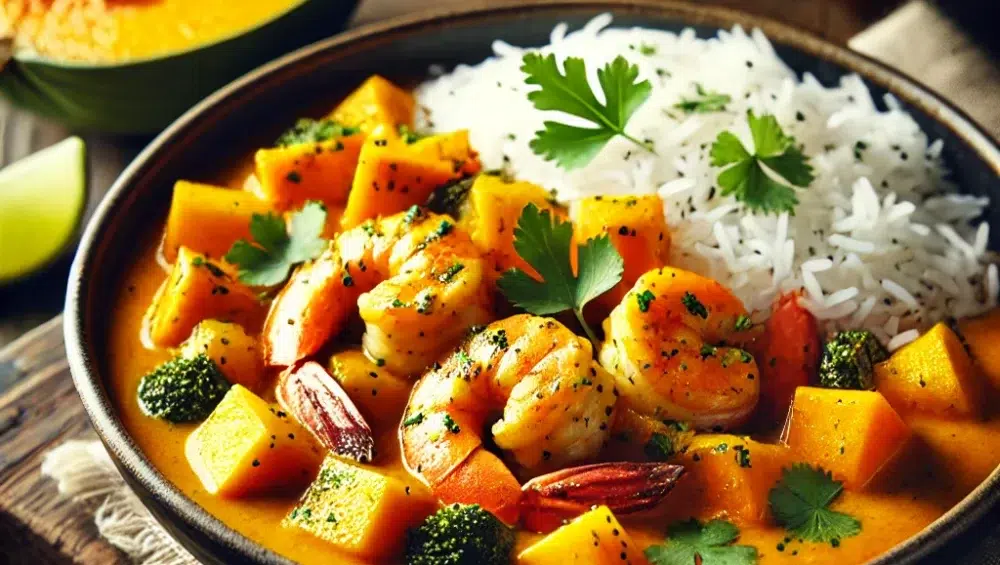 Rozgrzewające mango curry z dynią i krewetkami