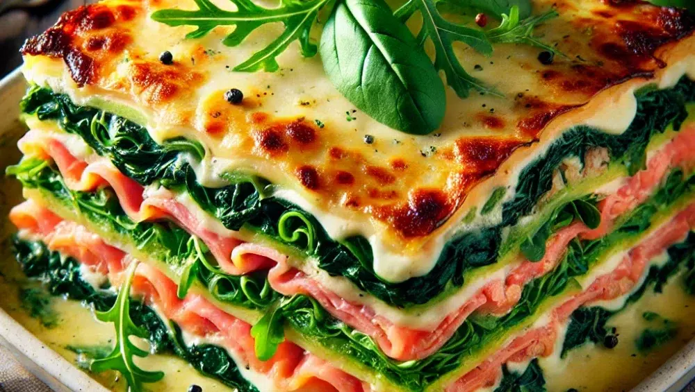 Lasagne z roszponką, szpinakiem i łososiem