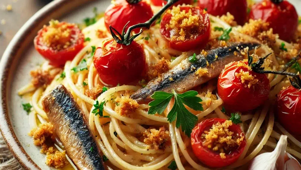 Spaghetti z pomidorkami cherry, anchois i prażoną bułką tartą