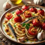 Spaghetti z pomidorkami cherry, anchois i prażoną bułką tartą