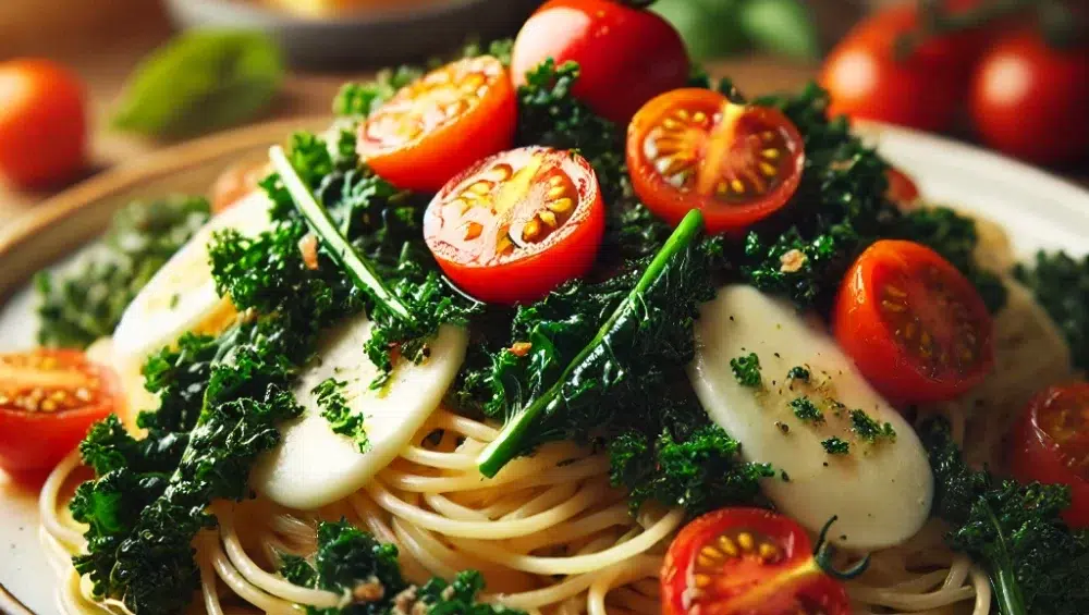 Szybkie spaghetti z jarmużem, pomidorkami i mozzarellą