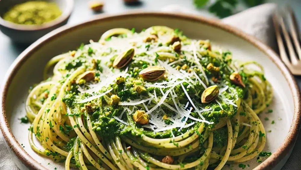 Pełnoziarniste spaghetti z pistacjowym pesto