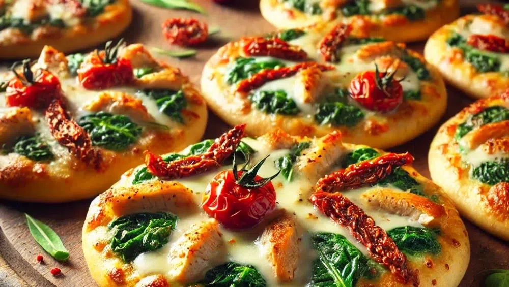 Pizzeriny ze szpinakiem, kurczakiem, suszonymi pomidorami i mozzarellą