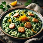 Risotto ze szpinakiem i białą kiełbasą o pomarańczowej nucie