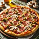 Pizza z kabanosem, mozzarellą, pieczarkami i cebulą