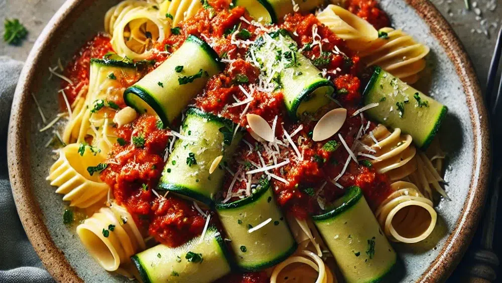 Paccheri z sosem romesco i wstążkami cukinii