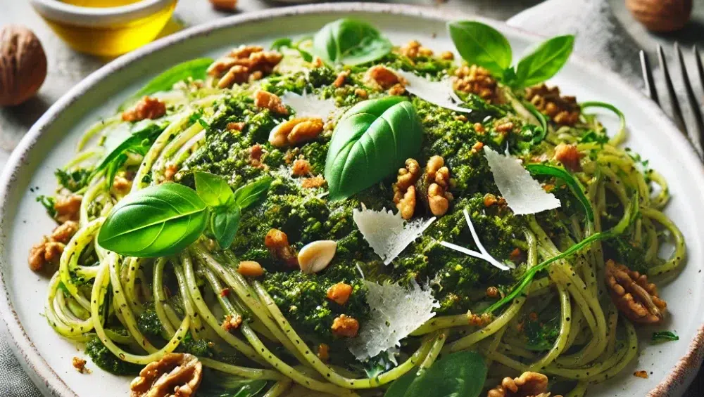 Spaghetti z zielonym pesto z bazylii i czosnku niedźwiedziego