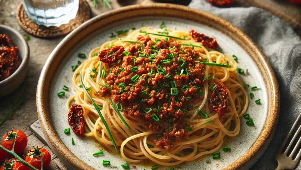 Spaghetti Toscana ze szczypiorkiem i suszonymi pomidorami