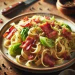 Makaron tagliatelle z duszoną kapustą i wędzonym boczkiem