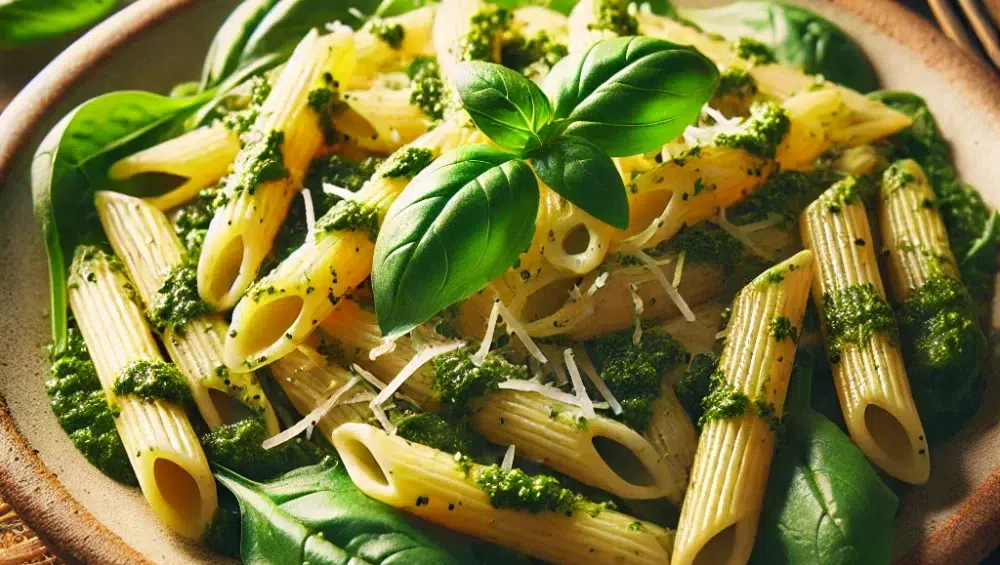 Penne z bazyliowym pesto i świeżym szpinakiem