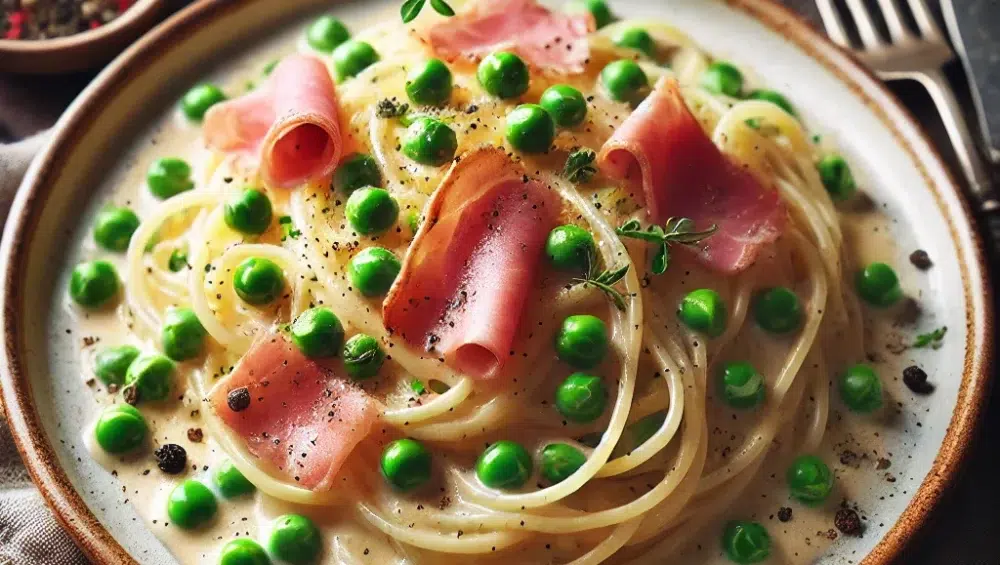 Spaghetti carbonara z groszkiem i szynką parmeńską