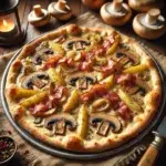 Pizza z sosem śmietanowo-grzybowym, ziemniakami i boczkie