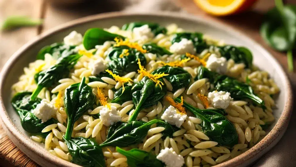 Makaron orzo z liśćmi szpinaku i serem feta