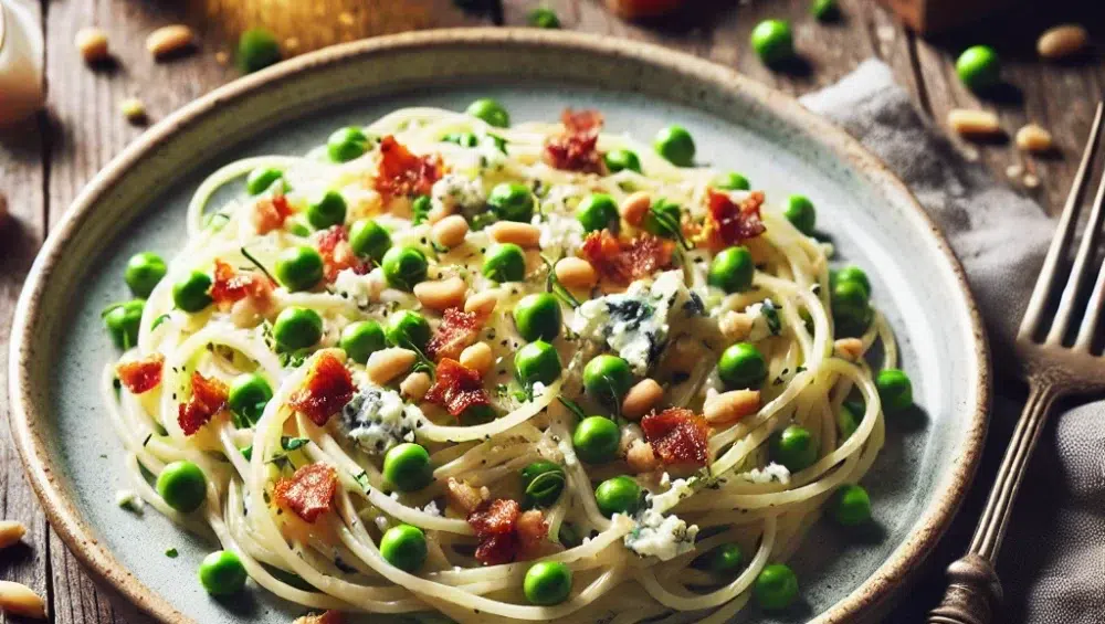 Spaghetti z groszkiem po florencku i serem pleśniowym