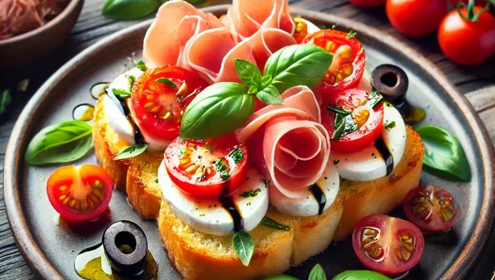 Bruschetta z mozzarellą, szynką parmeńską i pomidorkami koktajlowymi