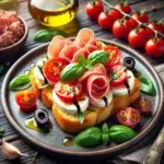 Bruschetta z mozzarellą, szynką parmeńską i pomidorkami koktajlowymi