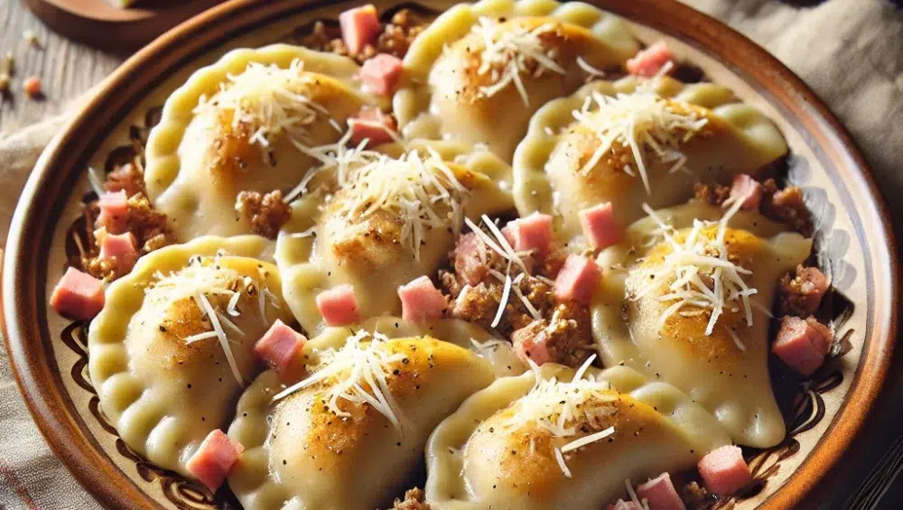 Pierogi z mieloną wołowiną i szynką parmeńską