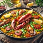 Paella z królikiem, chorizo i rakami