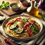 Spaghetti aglio e olio z pieczoną papryką i rukolą