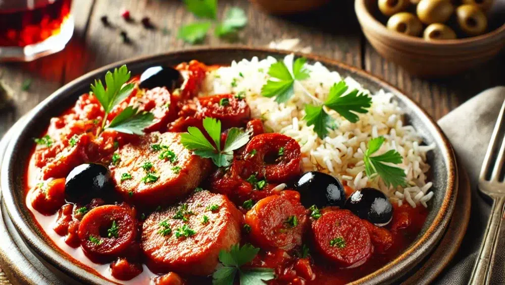 Wieprzowina sauté w sosie pomidorowym z chorizo i oliwkam