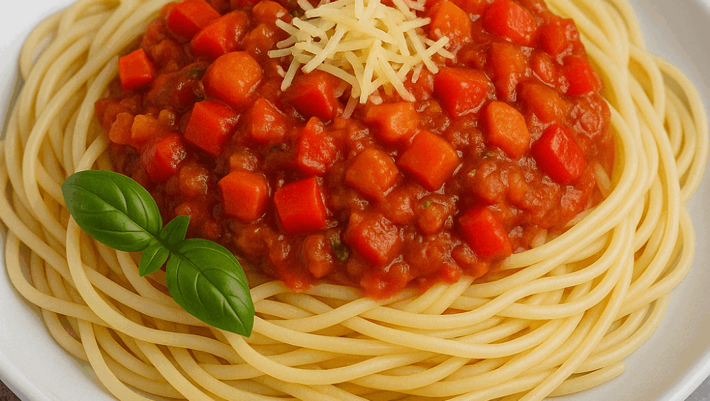 Makaron spaghetti z gulaszem paprykowym bez mięsa