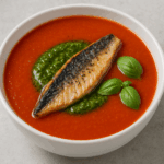 Chłodnik pomidorowy z grillowaną makrelą i pesto