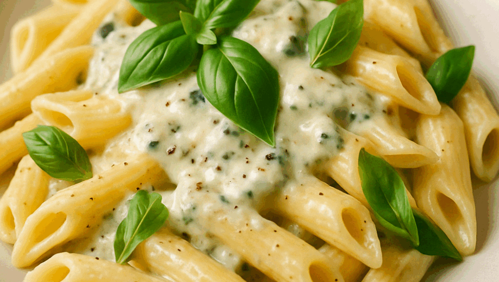 Penne w sosie gorgonzola z bazylią