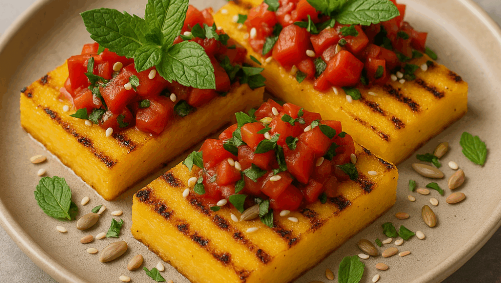 Grillowana polenta z salsą pomidorowo-paprykową z nutą mięty