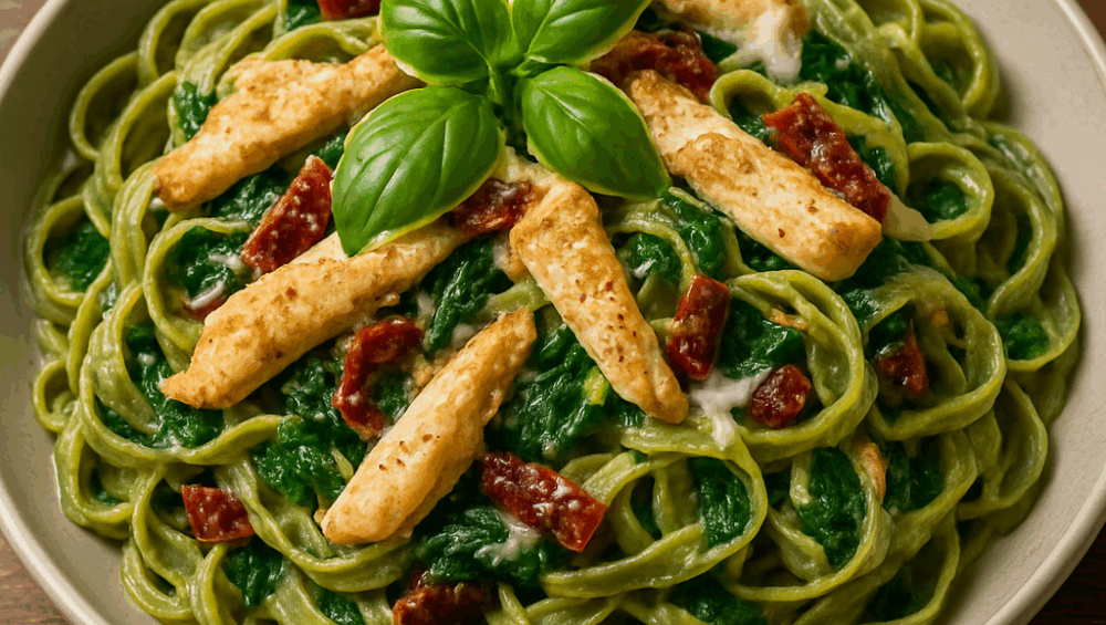 Tagliatelle z kurczakiem, szpinakiem i suszonymi pomidorami