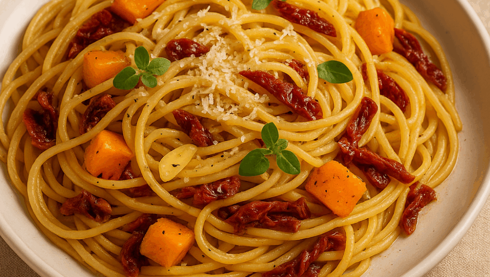 spaghetti z dynią i suszonymi pomidorami