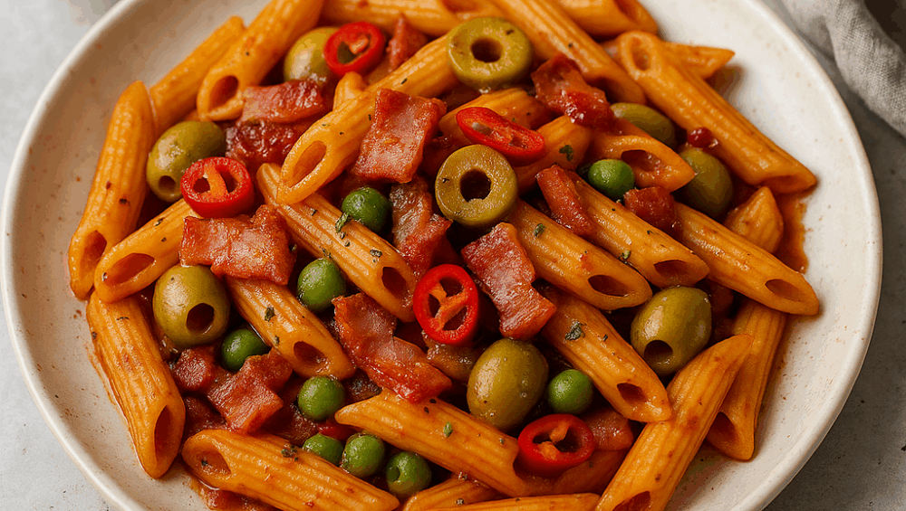 pikantne penne z boczkiem i oliwkami