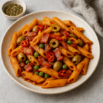 pikantne penne z boczkiem i oliwkami