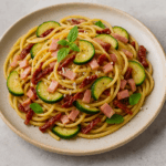 Spaghetti z suszonymi pomidorami, cukinią, szynką i parmezanem