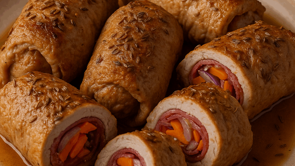Roladki schabowe z salami, marchewką i cebulą w kminku