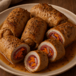 Roladki schabowe z salami, marchewką i cebulą w kminku