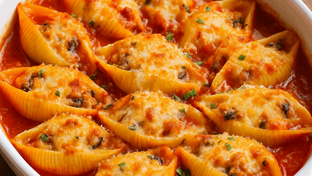 muszle faszerowane pieczarkami, szynką i mozzarellą w sosie pomidorowym