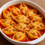 muszle faszerowane pieczarkami, szynką i mozzarellą w sosie pomidorowym
