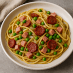 spaghetti z szynką, chorizo i groszkiem
