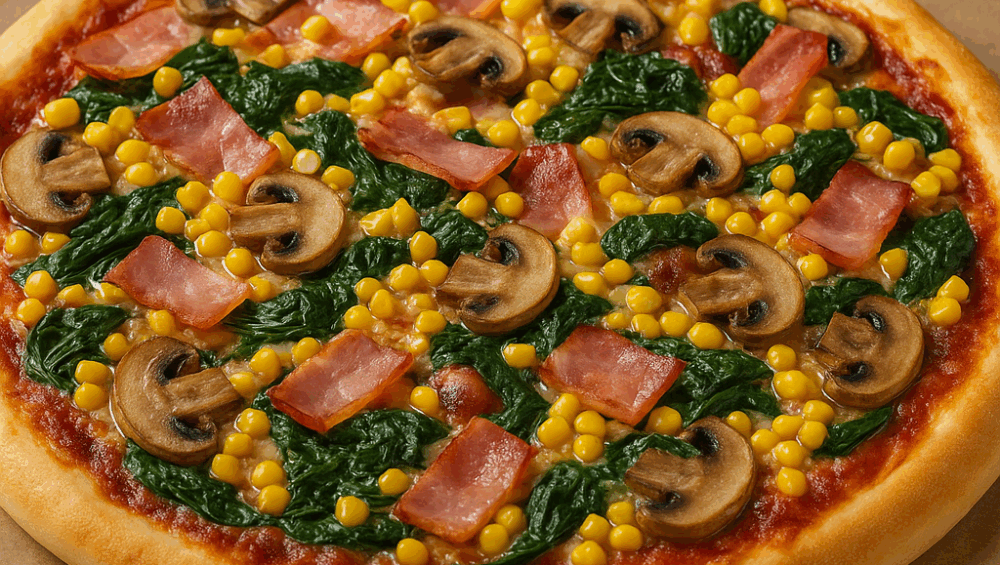 Pizza z boczkiem, szpinakiem i kukurydzą