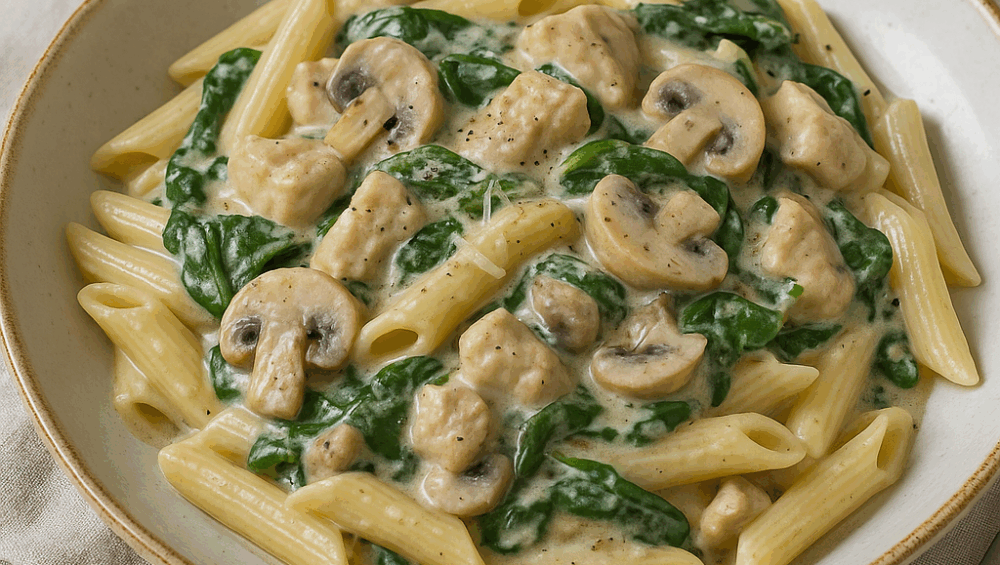 penne ze szpinakiem i pieczarkami w sosie śmietanowym