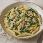 penne ze szpinakiem i pieczarkami w sosie śmietanowym