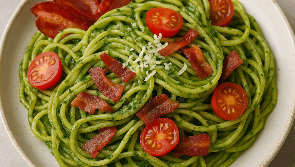 spaghetti z pesto z roszponki i pomidorkami