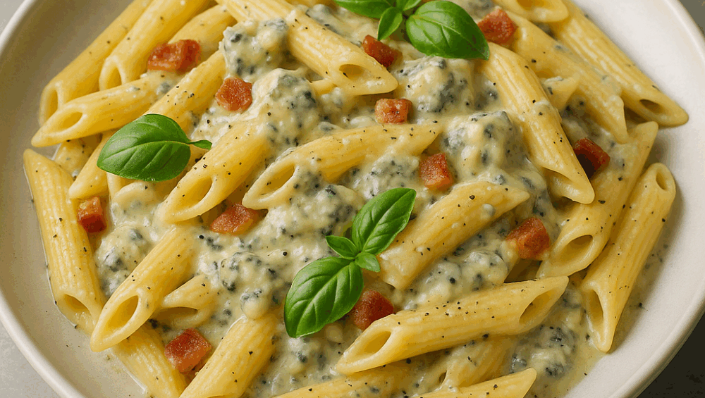 Penne w lazurowym sosie z boczkiem i serem pleśniowym
