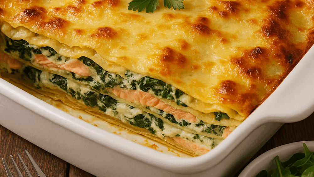 Lasagne z łososiem, szpinakiem i serem ricotta