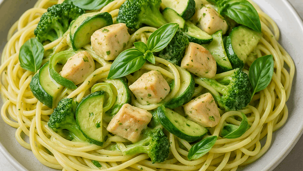Spaghetti z kurczakiem, zielonymi warzywami i świeżą bazylią