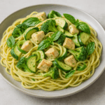 Spaghetti z kurczakiem, zielonymi warzywami i świeżą bazylią