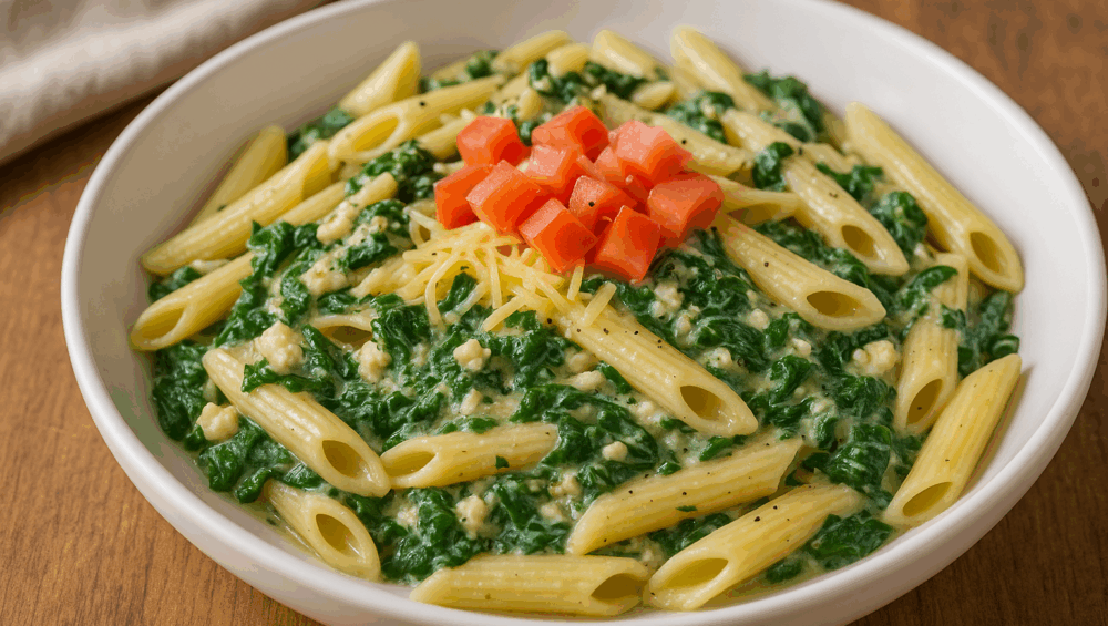 Makaron penne ze szpinakiem i fetą