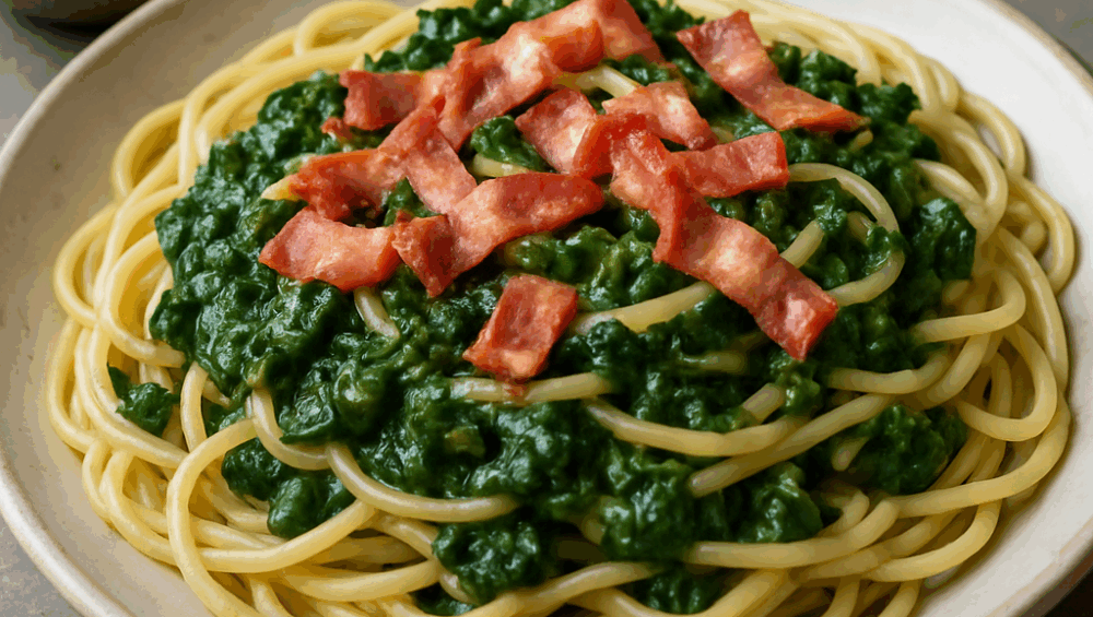 Spaghetti ze szpinakiem i boczkiem