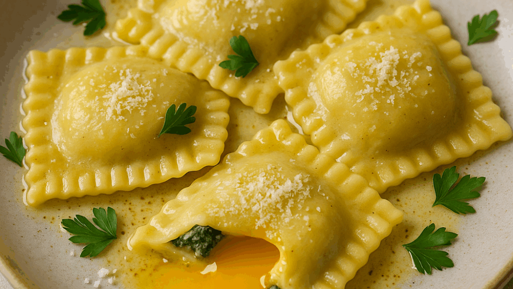 Ravioli z wypływającym żółtkiem